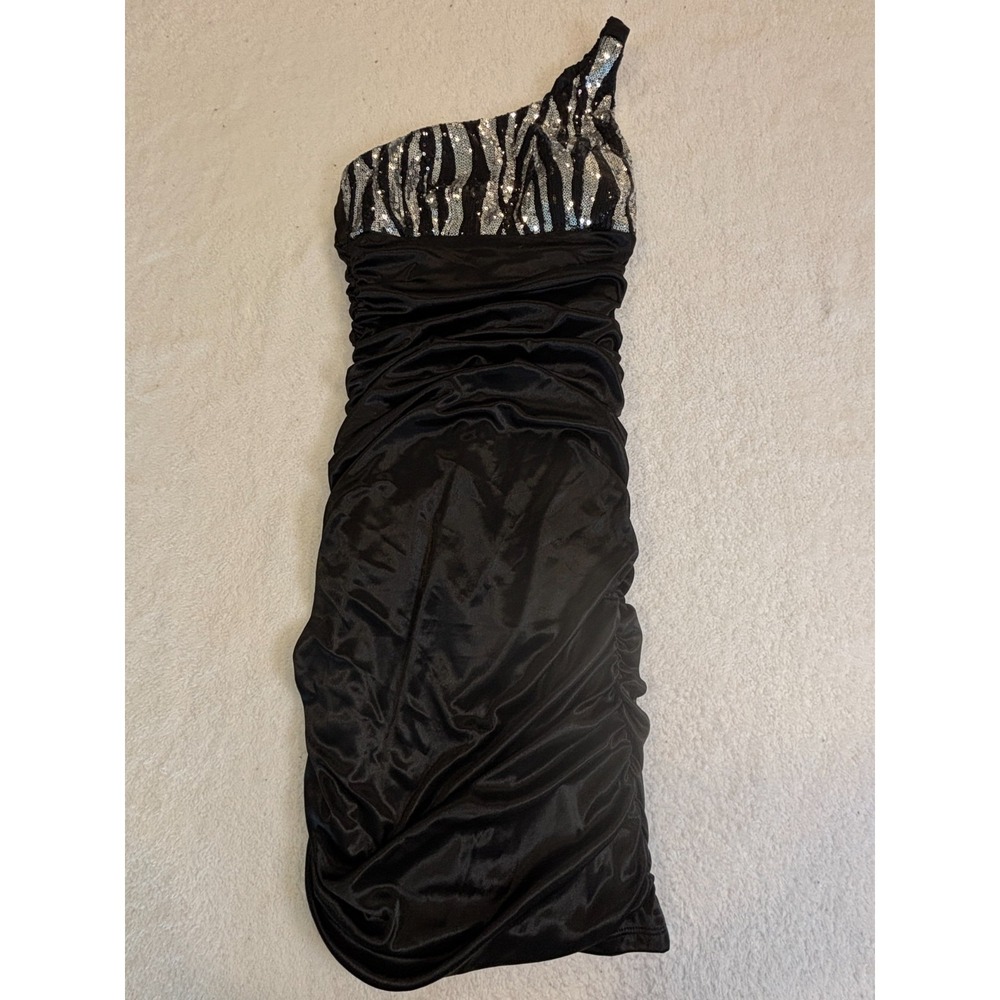 Ruby Rox Ruched Bodycon Dress Womens Small Black Sequin Party Wear One Shoulder